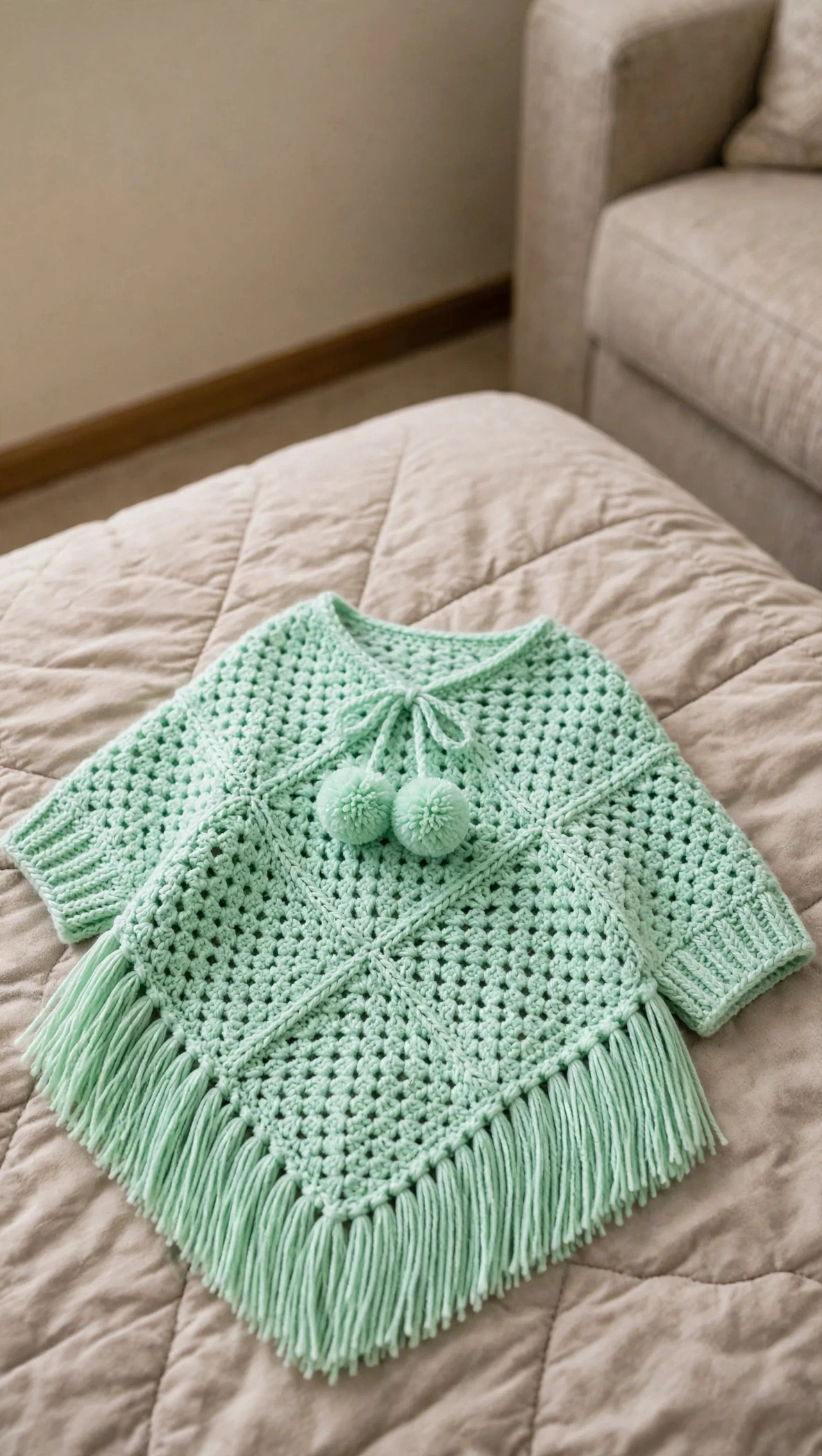 Mintgrüner Baby-Poncho Fortschritt