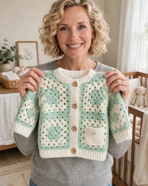 Mintgrüner Granny-Square-Baby-Cardigan häkeln – gratis Anleitung