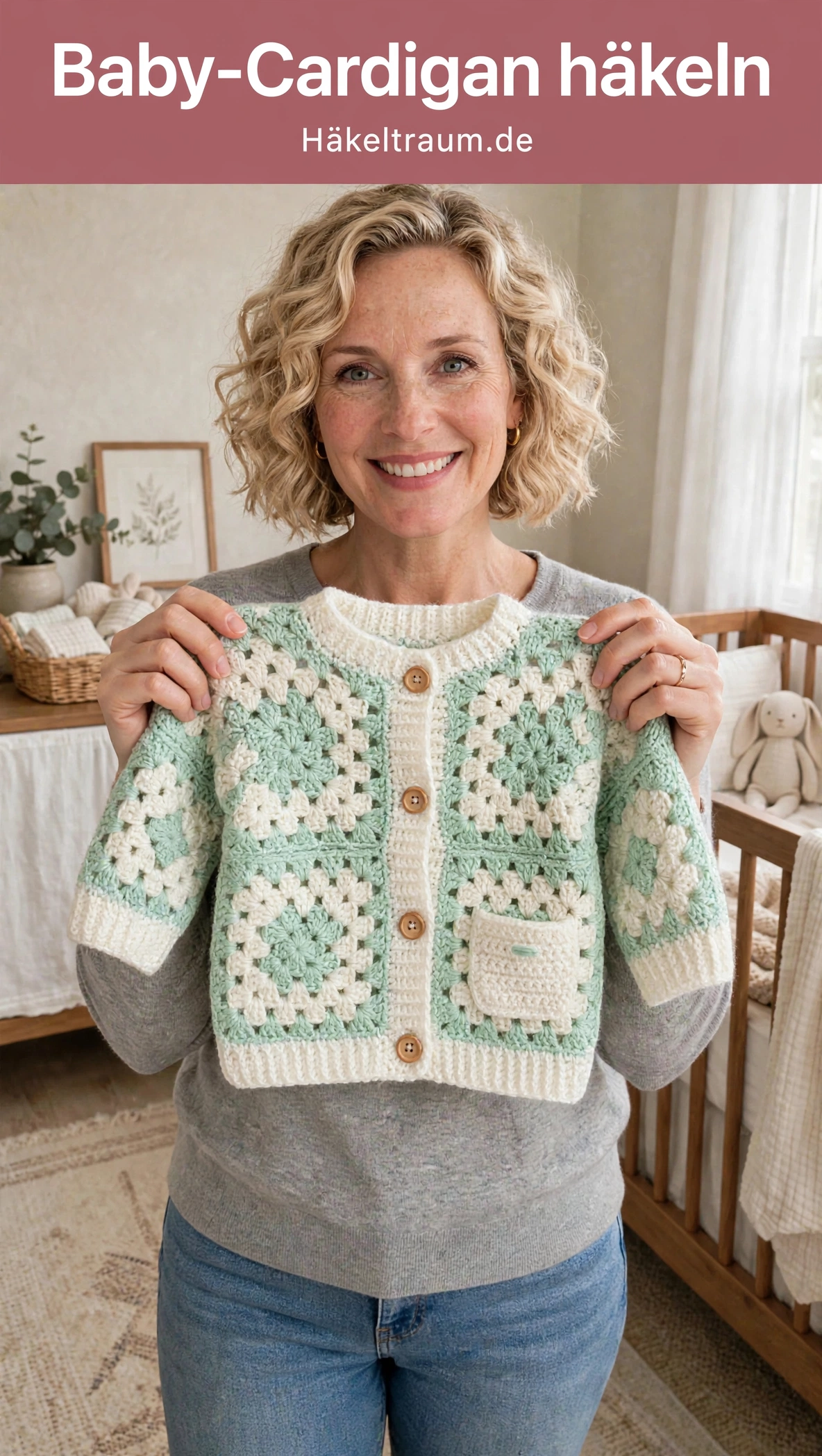 Mintgrüner Baby-Cardigan Granny Square gehäkelt