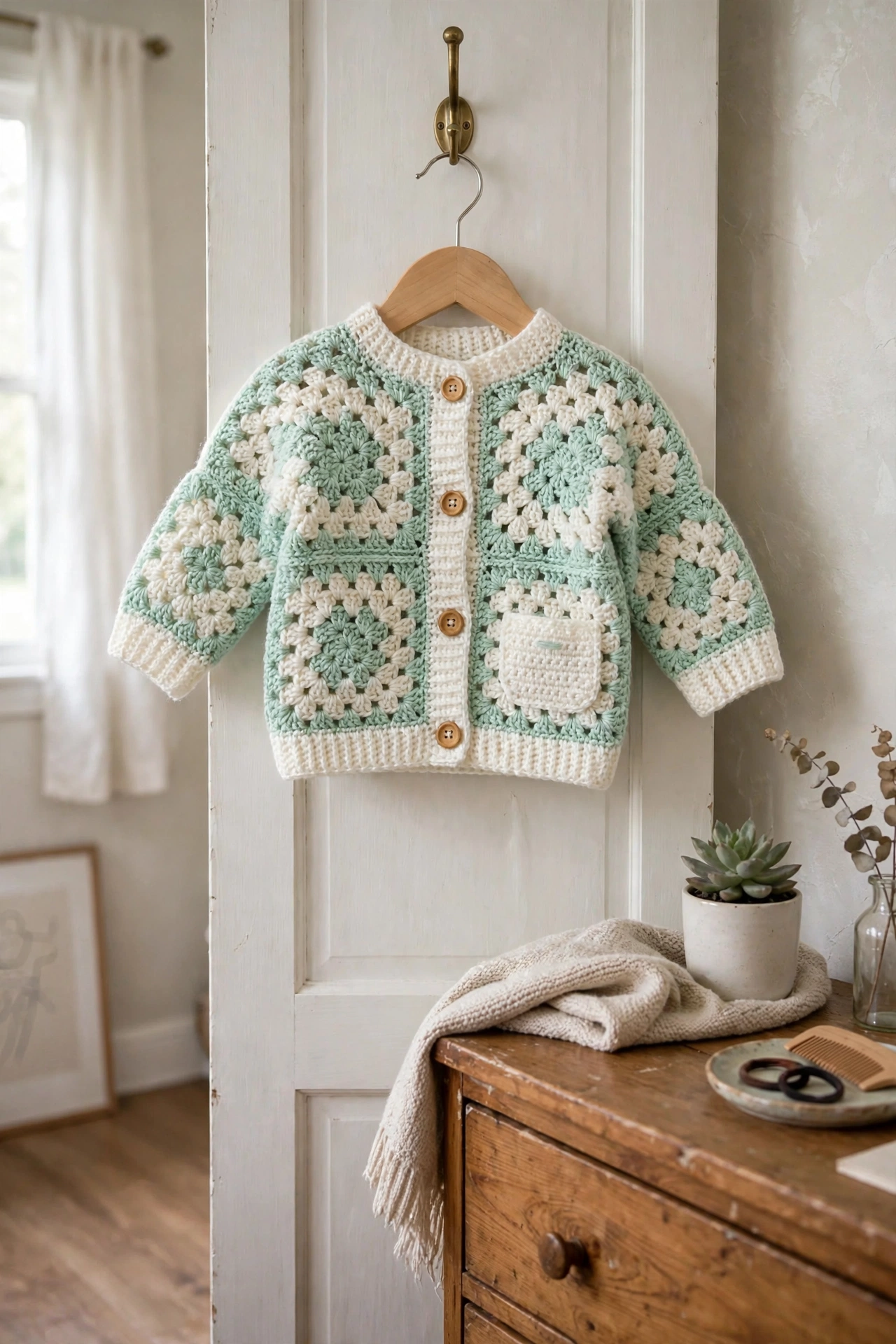 Mintgrüner Baby-Cardigan am Bügel