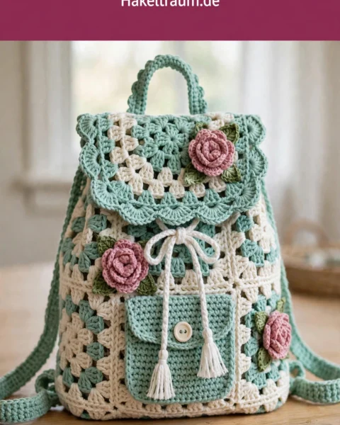 Mintgrüner Rosen Zugrucksack häkeln – Kostenlose Häkelanleitung