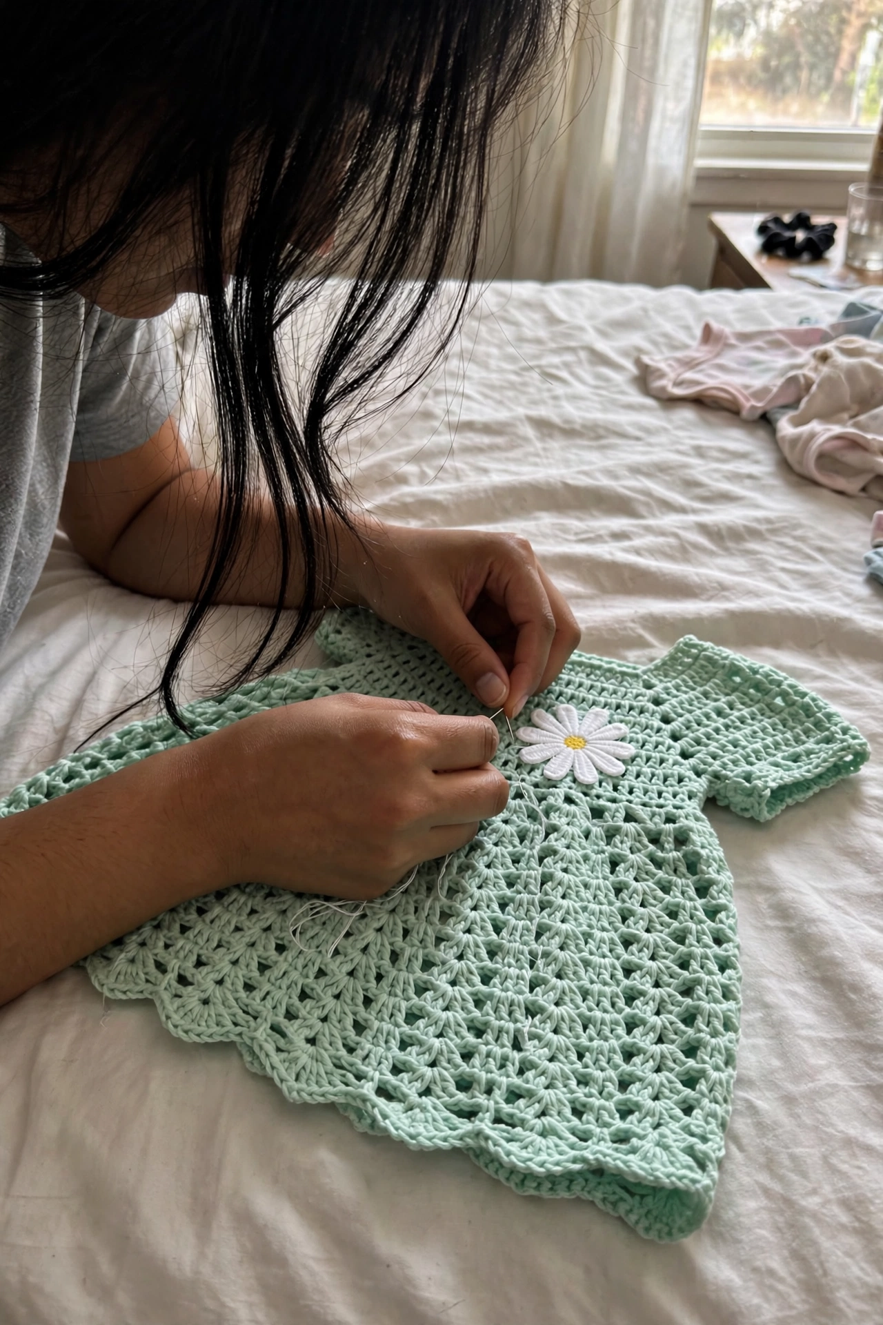 Gänseblümchen-Applikationen auf dem fertigen Babykleid