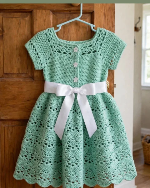 Mintgrünes Muschelmuster-Mädchenkleid häkeln – Häkelanleitung