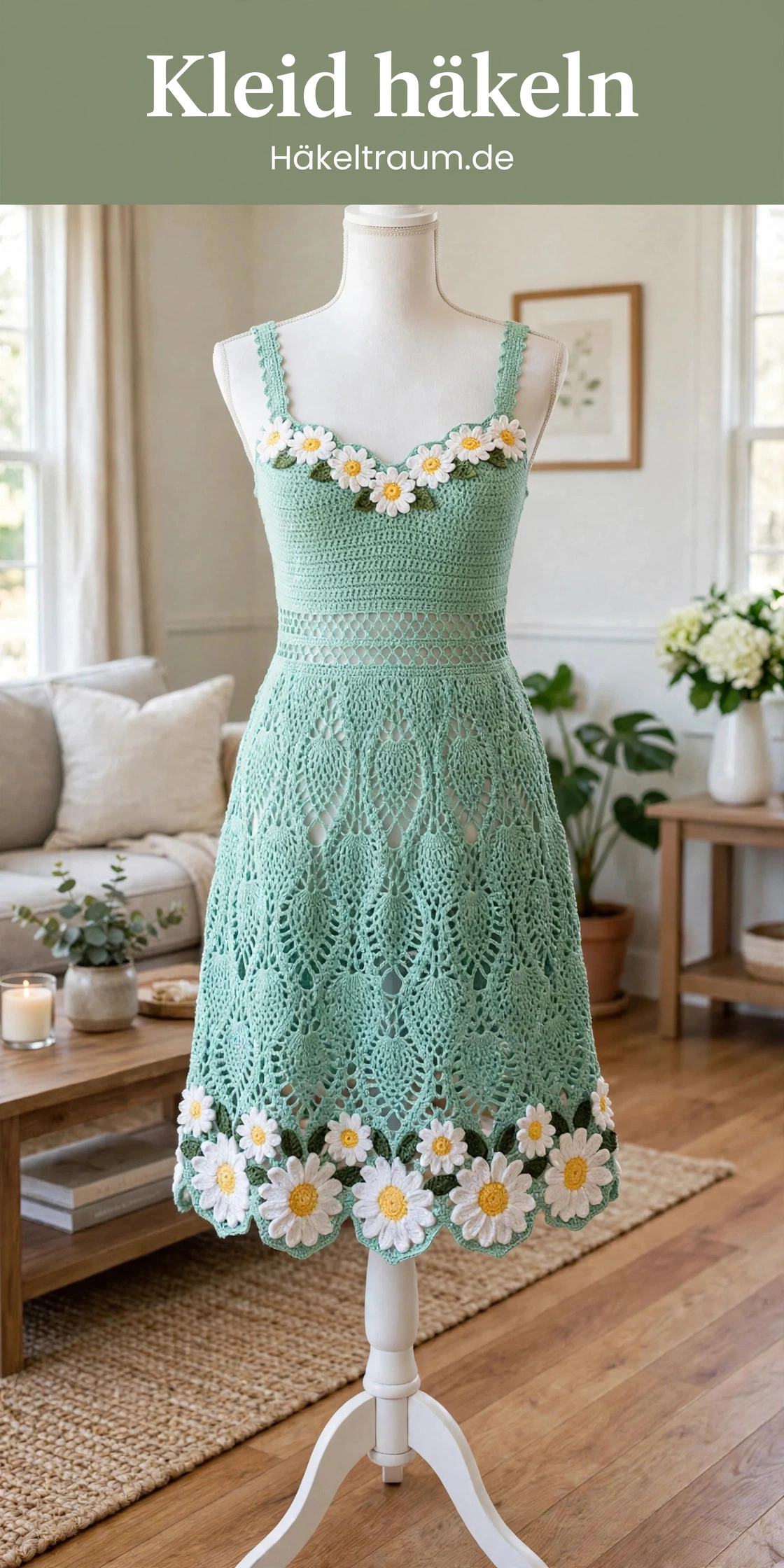 Mintfarbenes Gänseblümchenkleid mit Ananas-Spitzenrock auf Schneiderpuppe