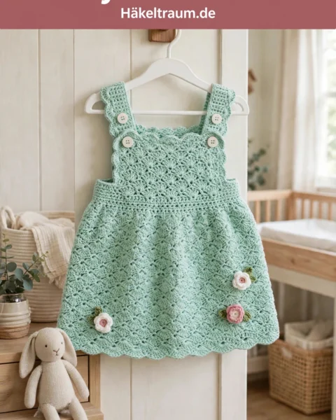 Minzgrünes Garten-Babykleid häkeln – Kostenlose Anleitung