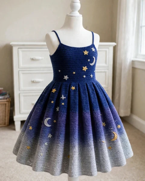 Mitternachts-Sternenkleid häkeln – Kinderkleid mit Mond & Sternen