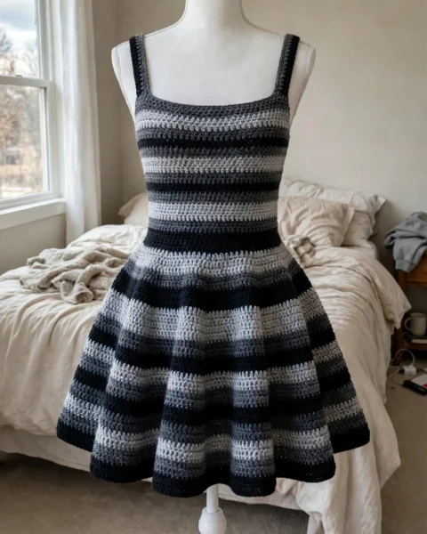 Monochrom schwarzes Glocken-Minikleid – Kostenlose Häkelanleitung