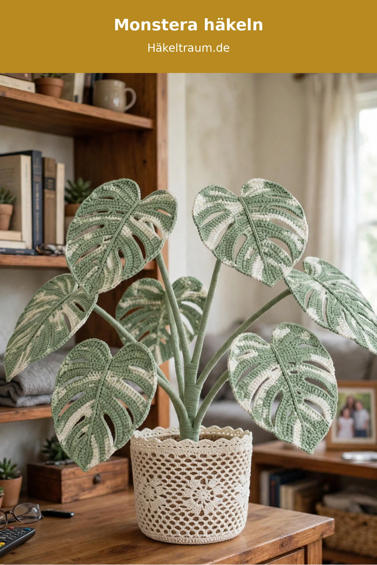 Weiße und Salbei Minimale Monstera Häkelpflanze