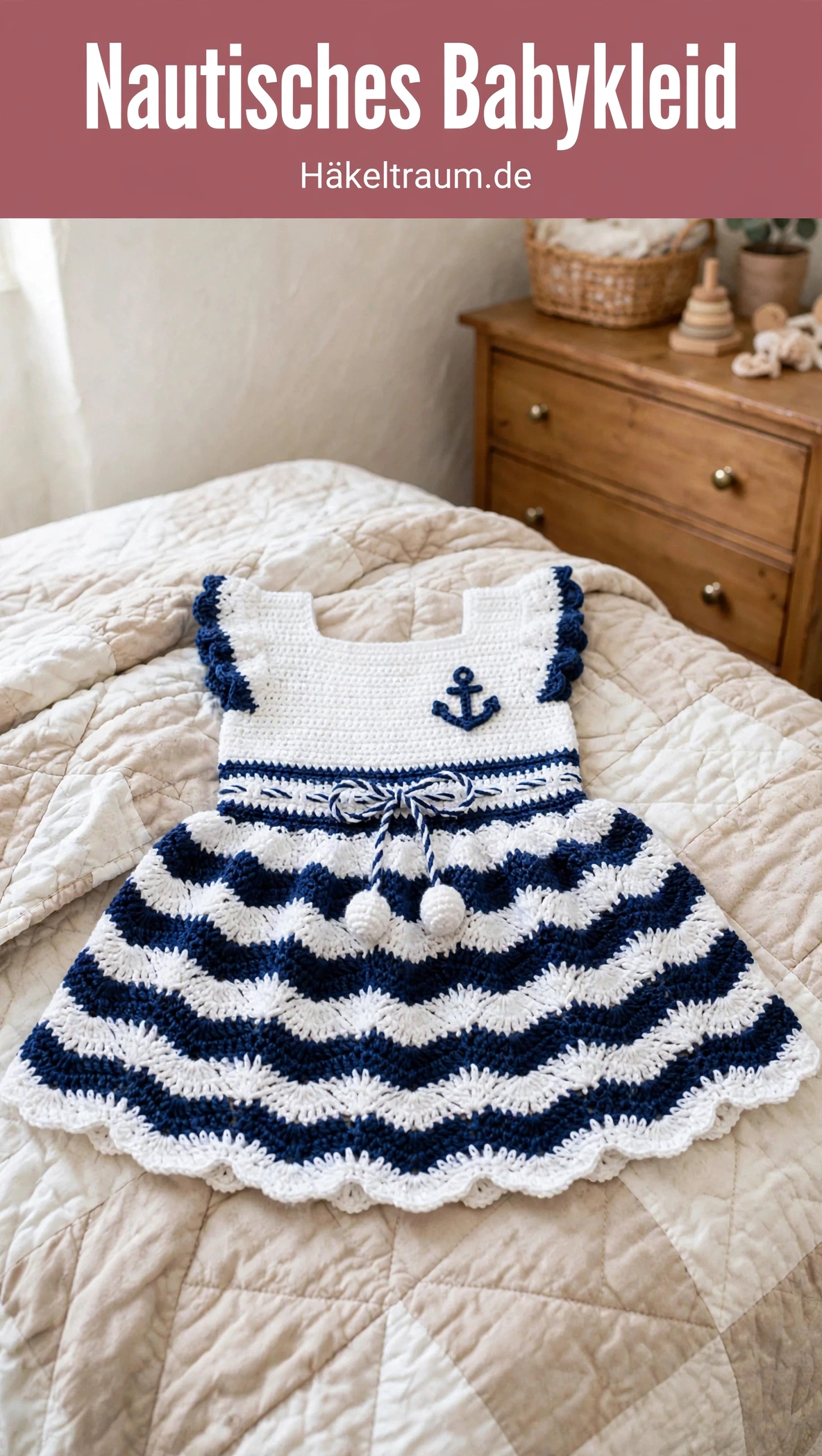Nautisches Babykleid in Marine und Weiß gehäkelt