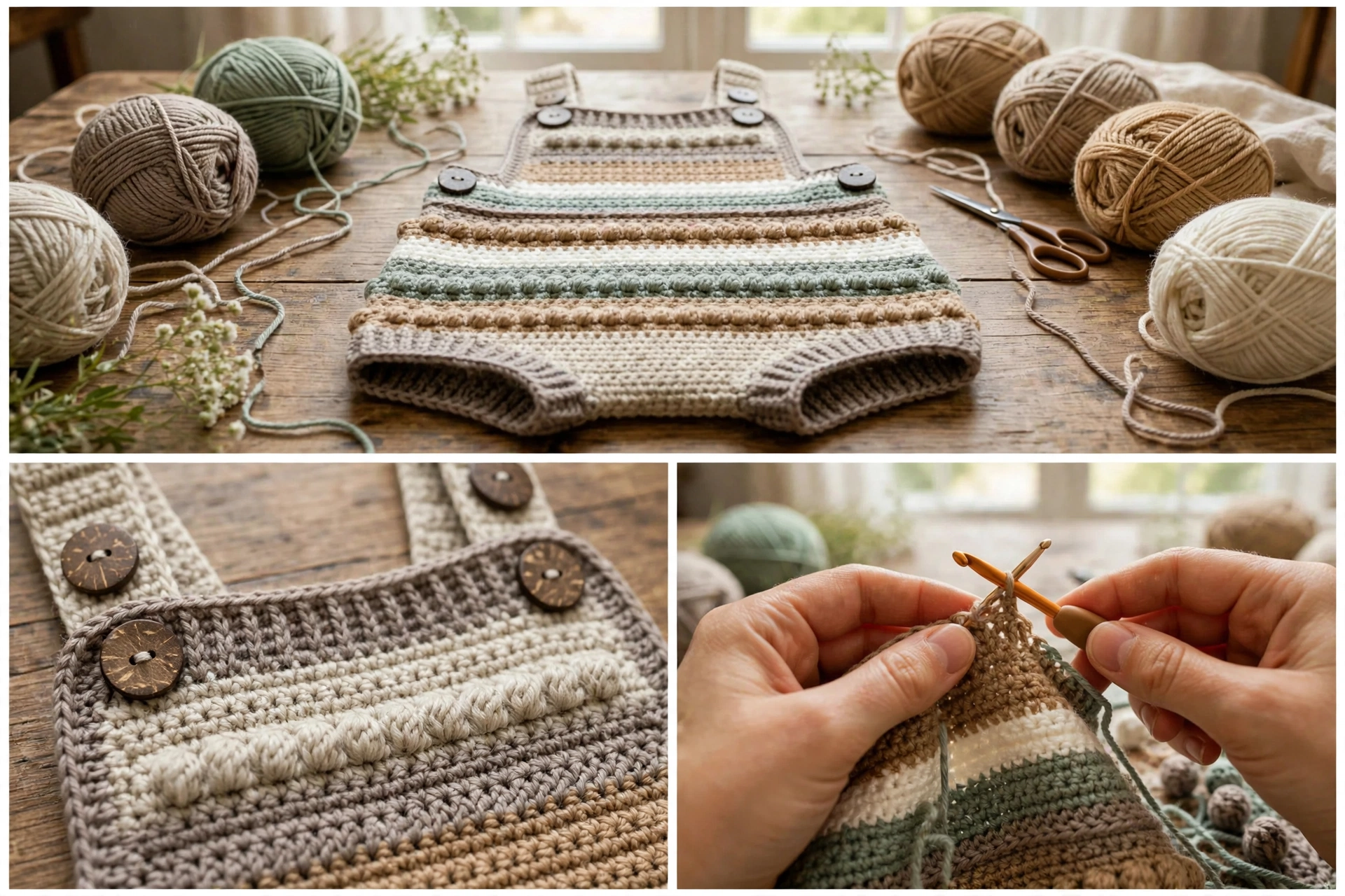 Neutraler Boho-Babystrampler in Arbeit