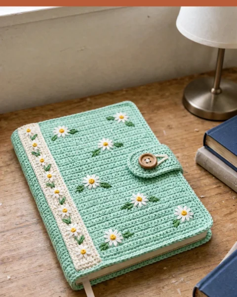 Notizbuch Hülle häkeln – Mintgrün mit Gänseblümchen