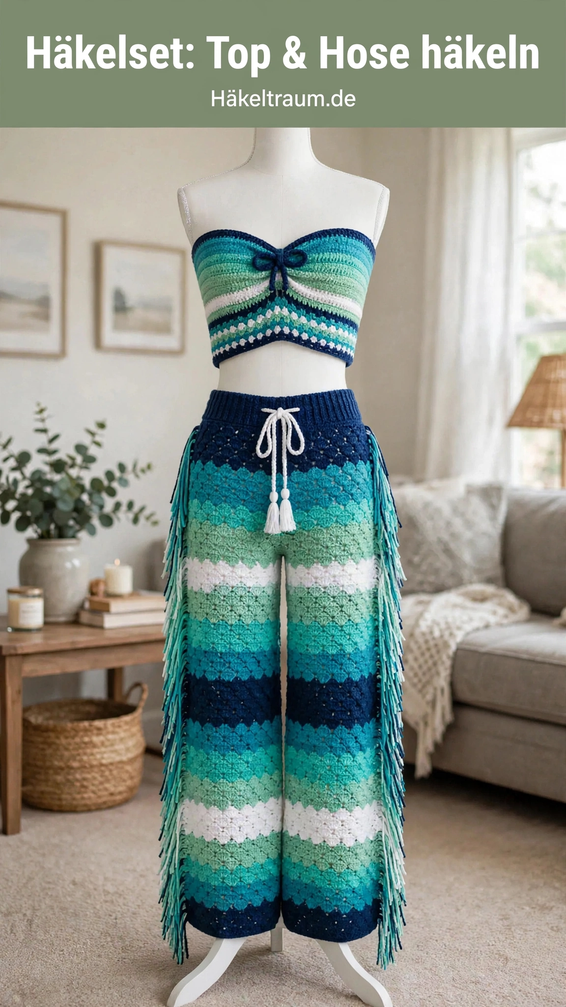 Ocean-Wave Häkelset: Crop-Top und Fransen-Hose