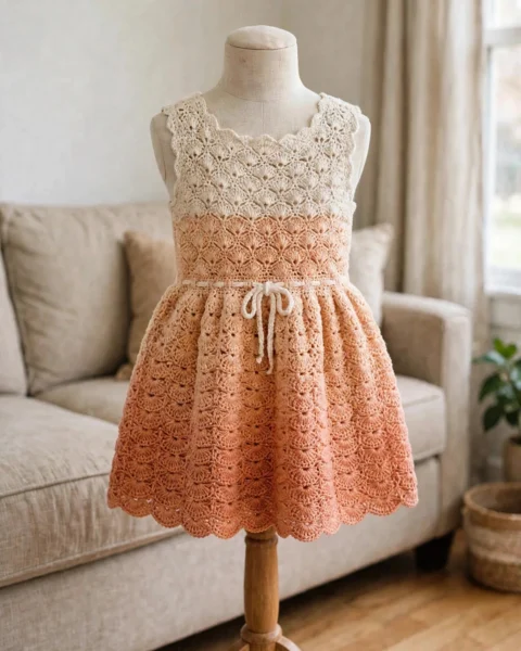 Creme-Pfirsich-Ombré-Babykleid häkeln – gratis Anleitung