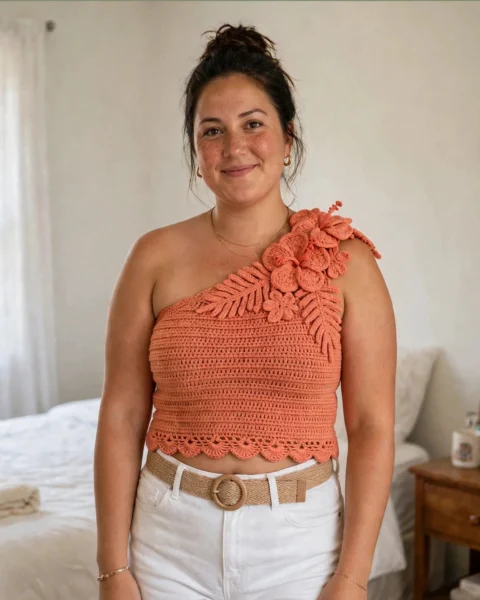 One-Shoulder-Blumentop häkeln – Korallen-Top
