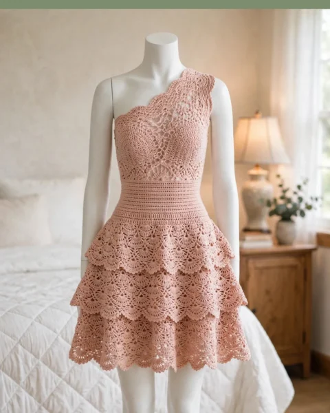 One-Shoulder Kleid häkeln – Rosa Stufenkleid mit Spitze