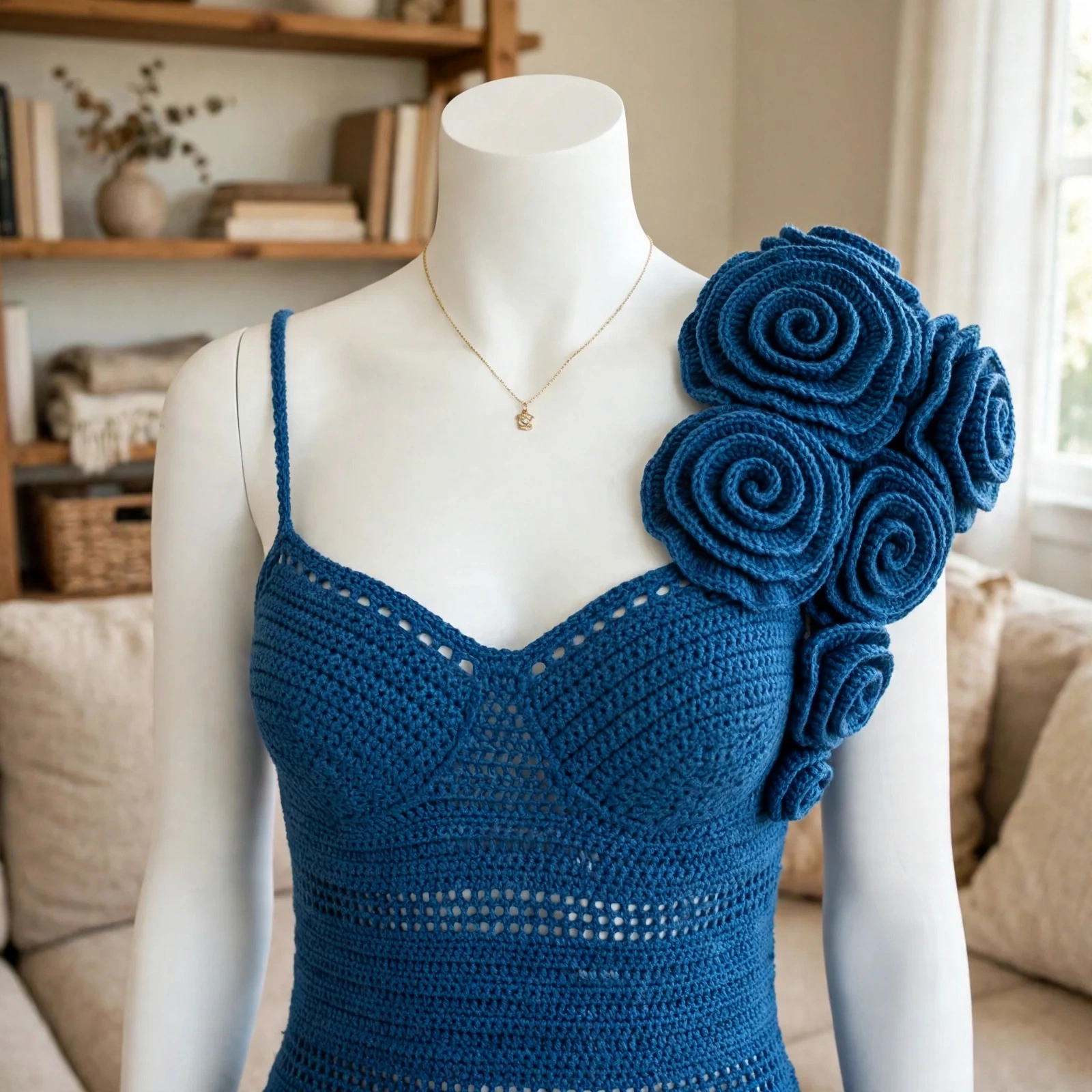 Ozeanblaues Blumen-Schulterkleid Detail
