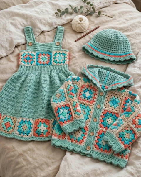 Ozeanbrise-Granny-Square-Latzkleid-Set häkeln – gratis Anleitung