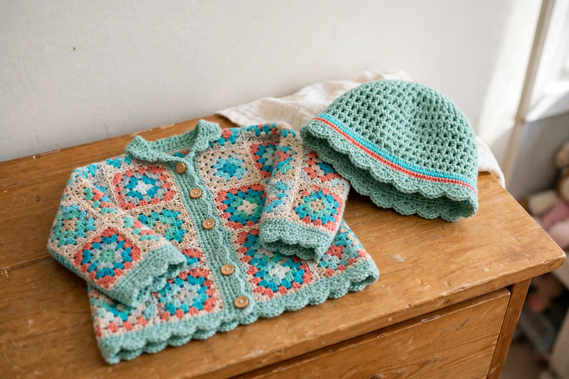 Ozeanbrise Granny Square Latzrock-Set Kleinkindoutfit