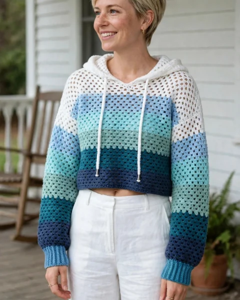 Ozeanbrise Mesh-Crop-Hoodie – Kostenlose Häkelanleitung