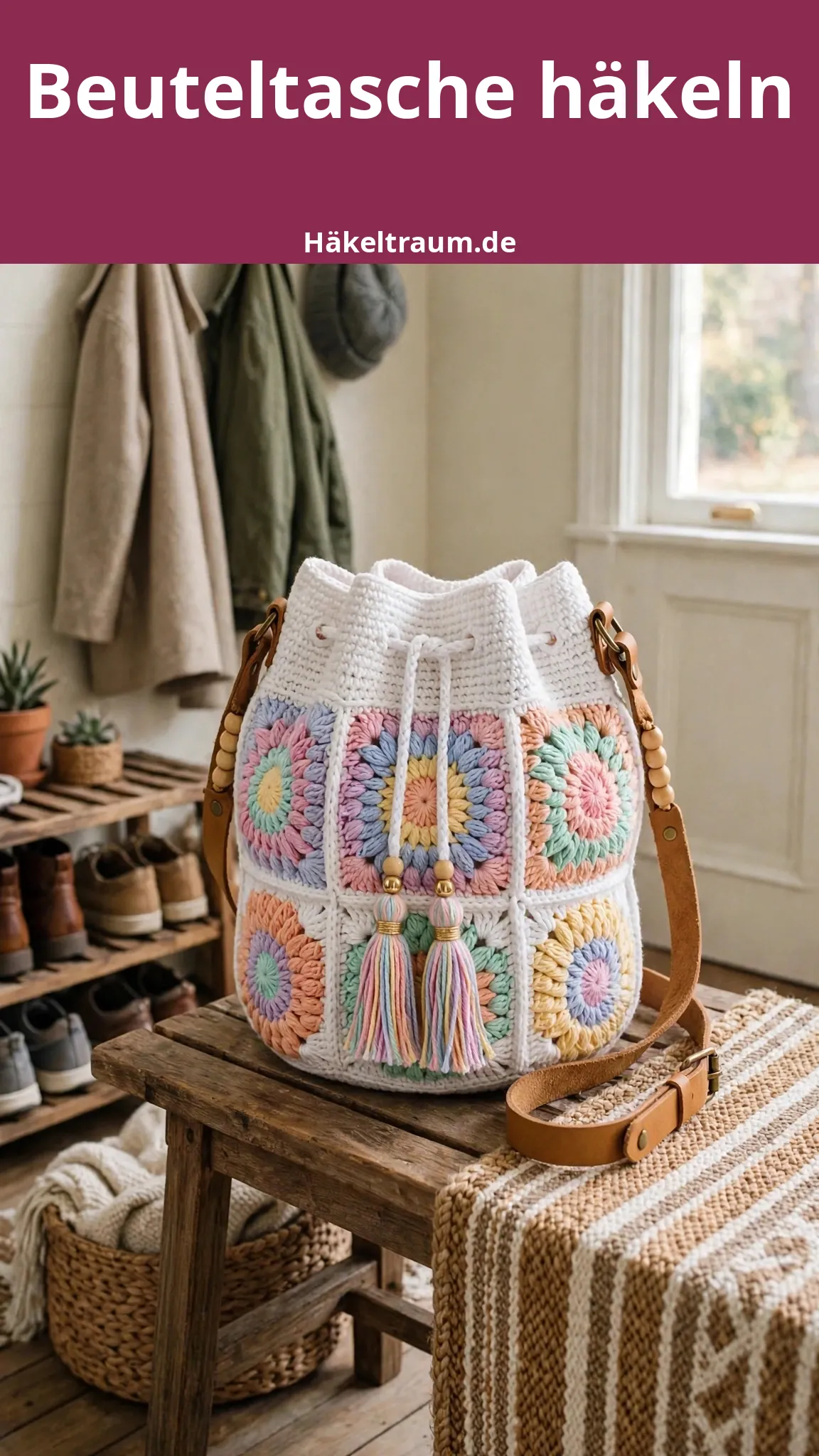 Pastell Regenbogen Granny Square Beuteltasche