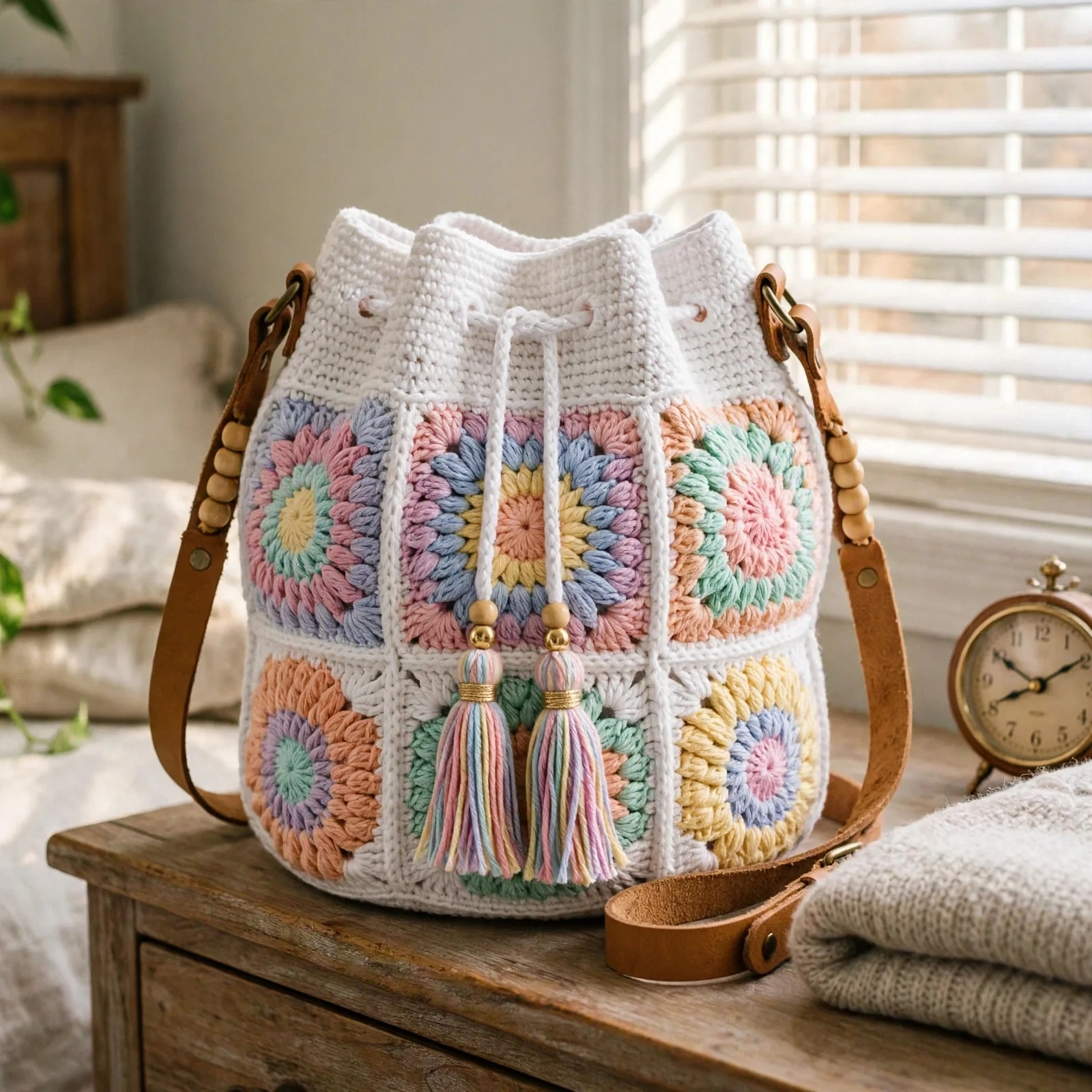 Pastell Regenbogen Granny Square Beuteltasche Detail
