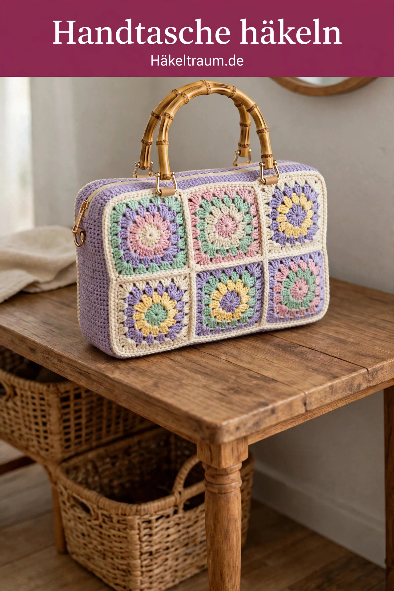 Pastell Granny Square Handtasche mit Bambusgriffen