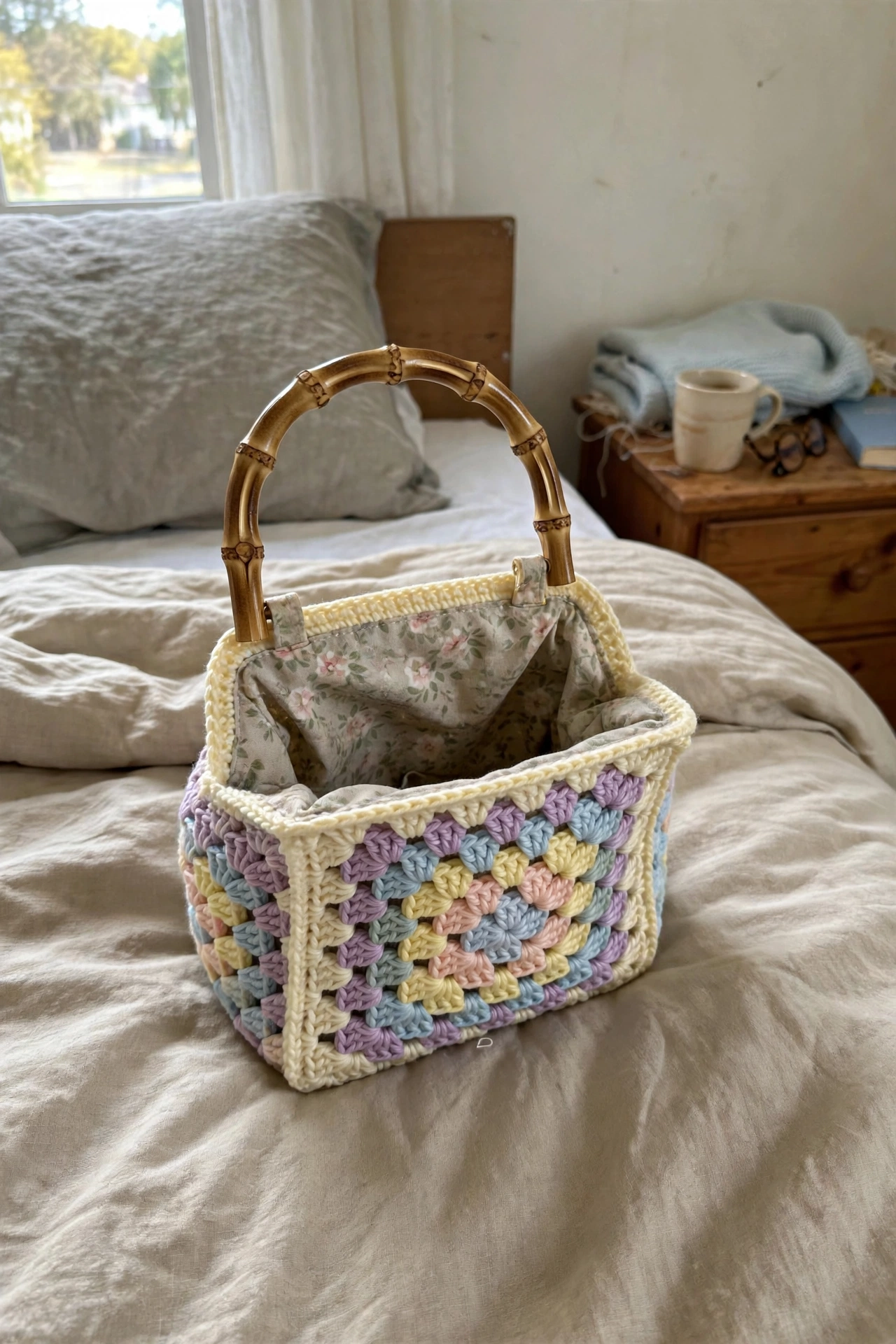 Zusammengesetzte pastellfarbene Granny-Square-Handtasche