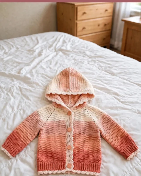 Pfirsich-Ombre Baby-Cardigan mit Kapuze – Kostenlose Häkelanleitung