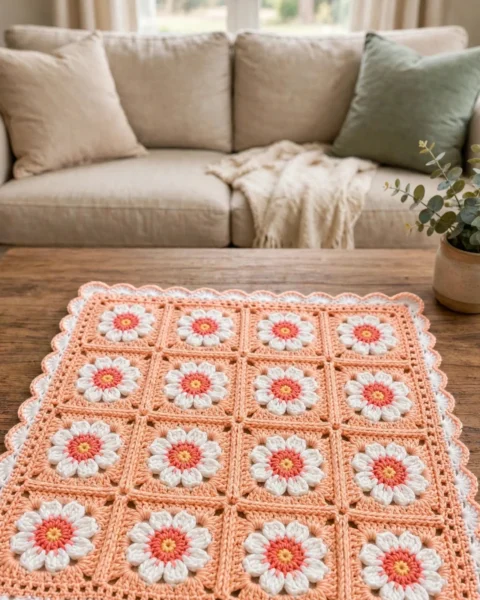 Pfirsichblüten-Granny-Square-Babydecke – Kostenlose Häkelanleitung