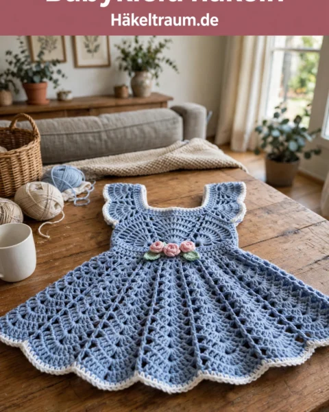 Puderblaues Rosenknospen-Babykleid – Kostenlose Häkelanleitung