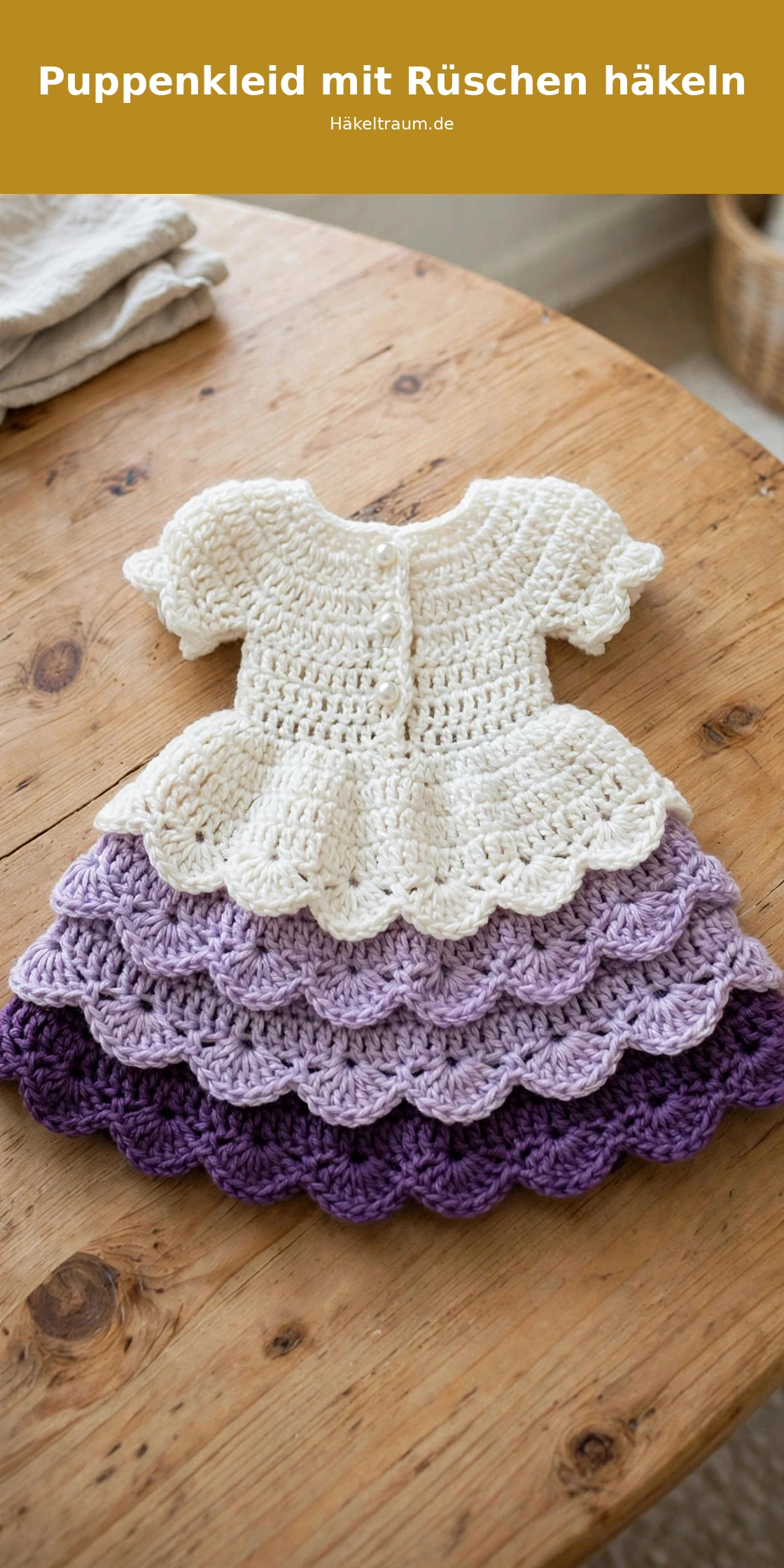 Gehäkeltes Puppenkleid mit Rüschen in Lila