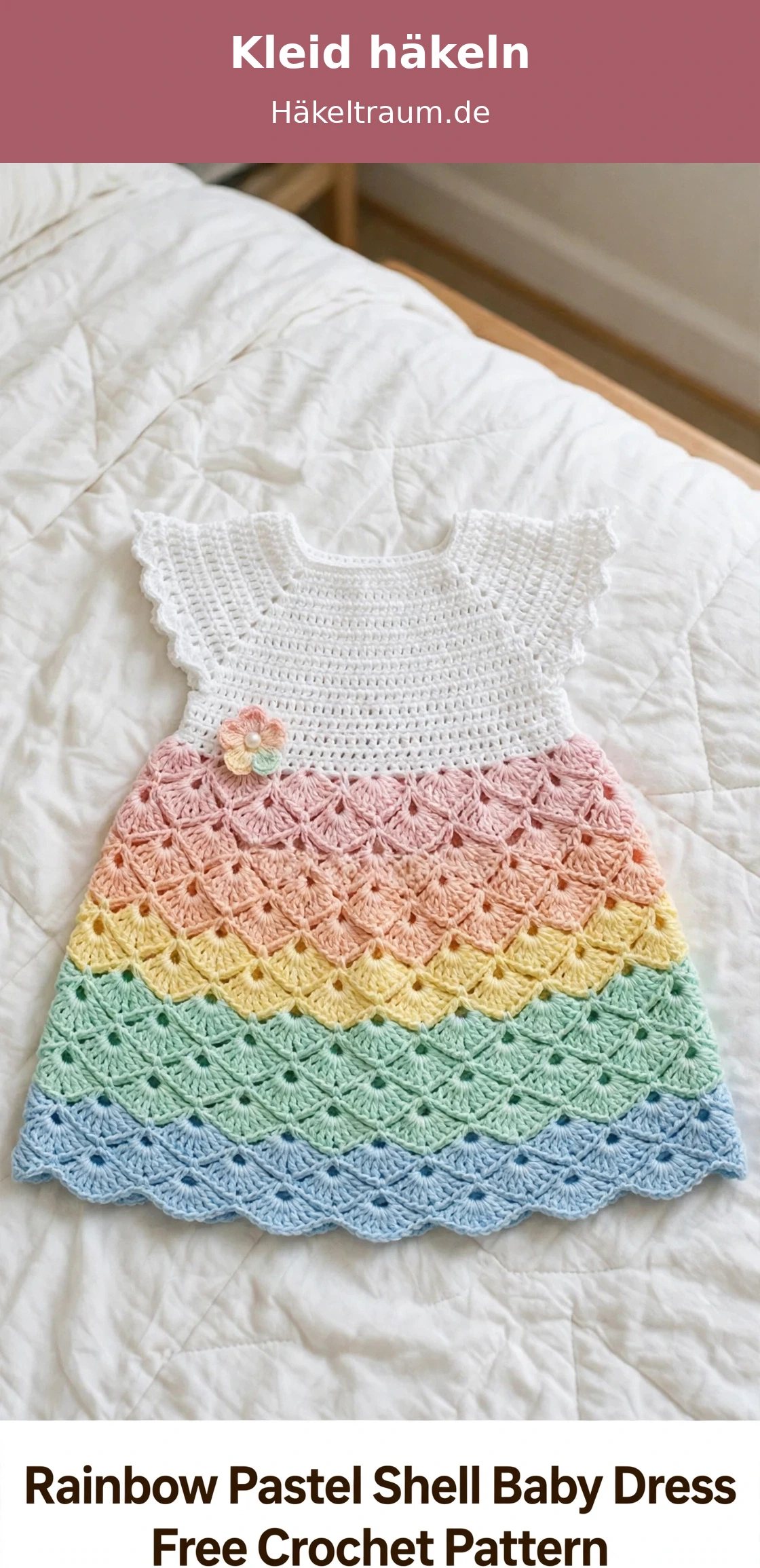 Regenbogen Pastell Babykleid mit Muschelmuster flach ausgelegt