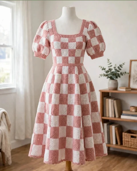 Rosa Gingham-Sommerkleid häkeln