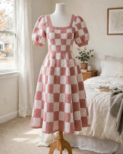 Rosa Karo-Sommerkleid häkeln – Häkelanleitung