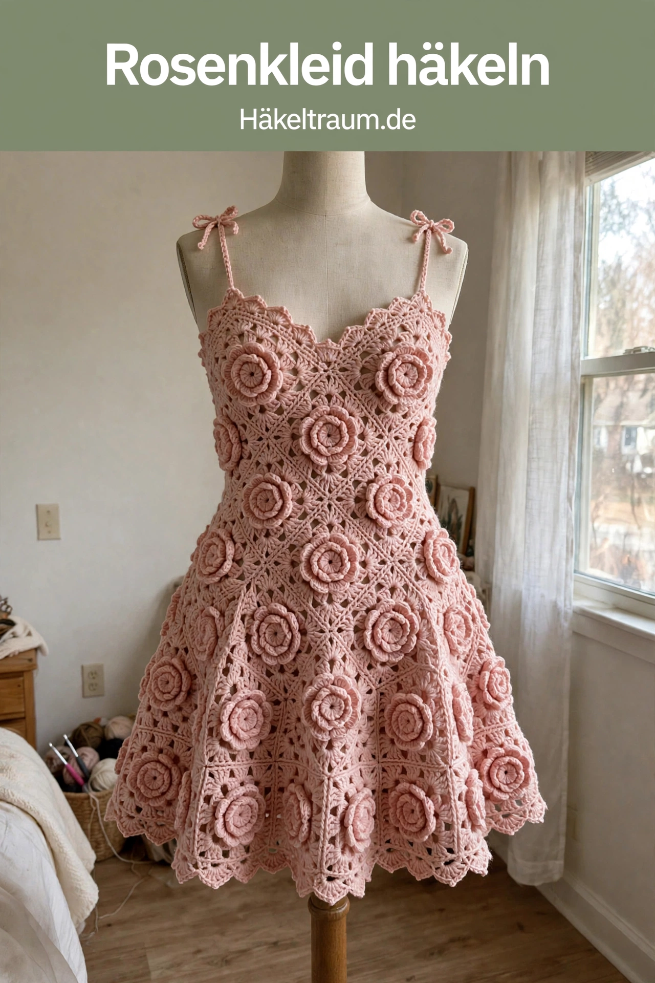 Rosafarbenes Rosen-Spitzen-Häkelkleid