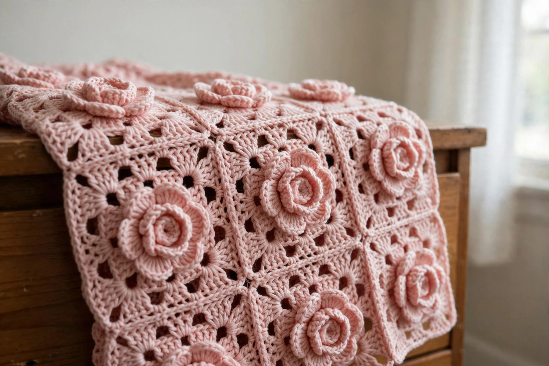 Detail des rosafarbenen Rosen-Spitzen-Häkelkleids