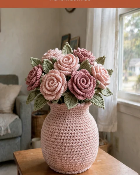 Rosa Rosengarten Vase häkeln