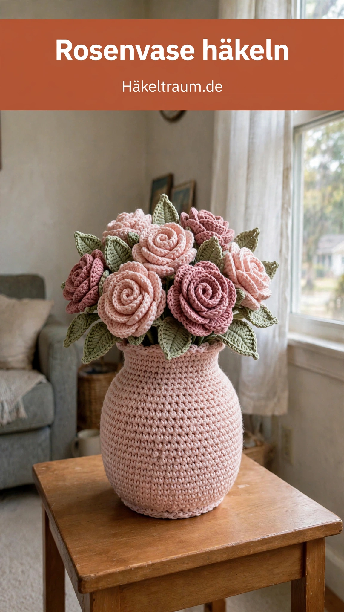 Rosa Rosengarten Häkelvase