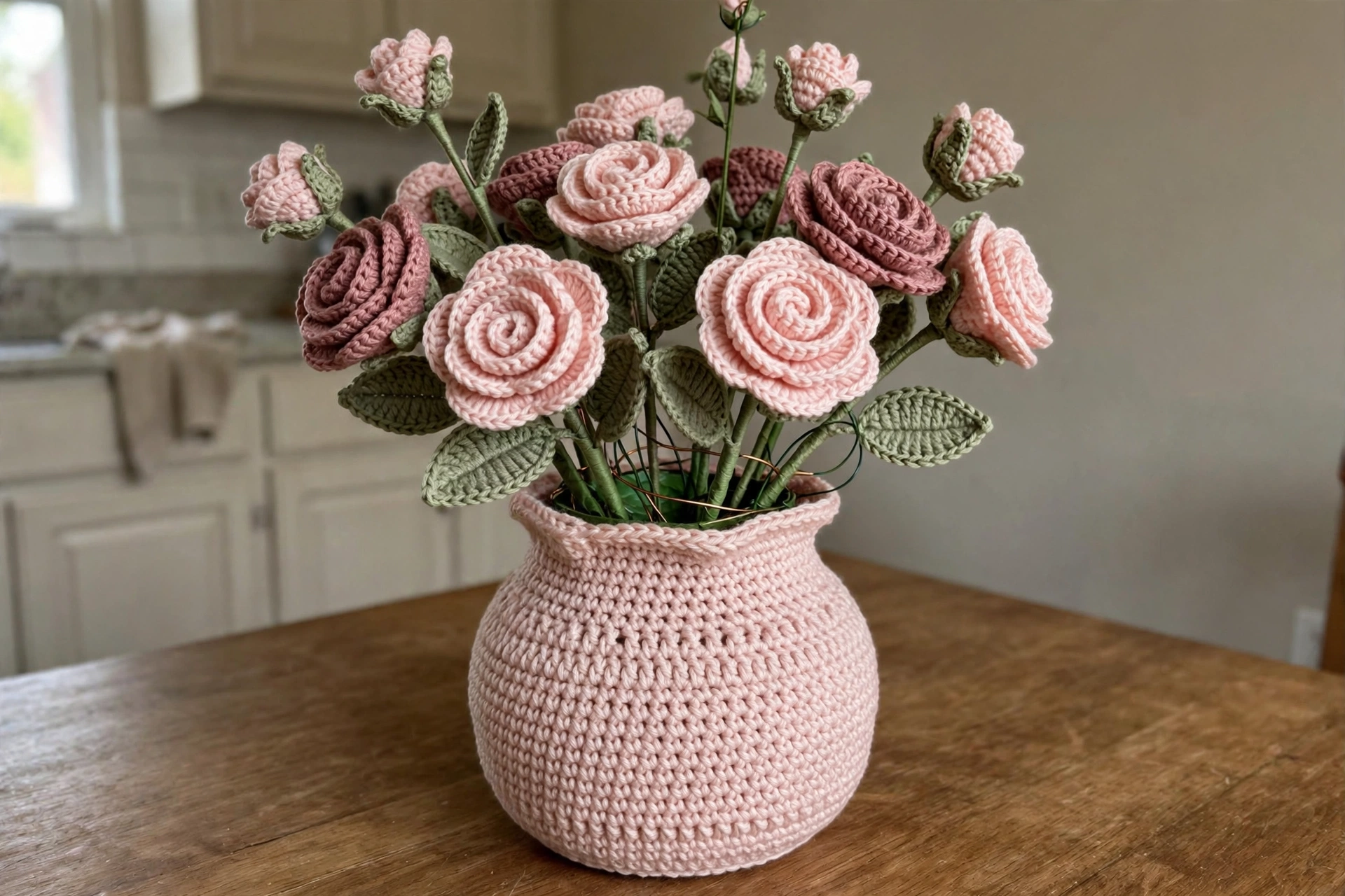 Rosa Rosengarten Häkelvase Arrangement