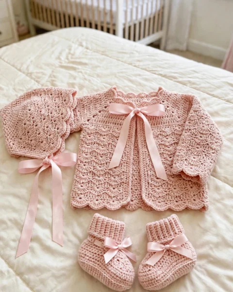 Rosafarbenes Muschelstich-Baby-Set häkeln – Kostenlose Anleitung