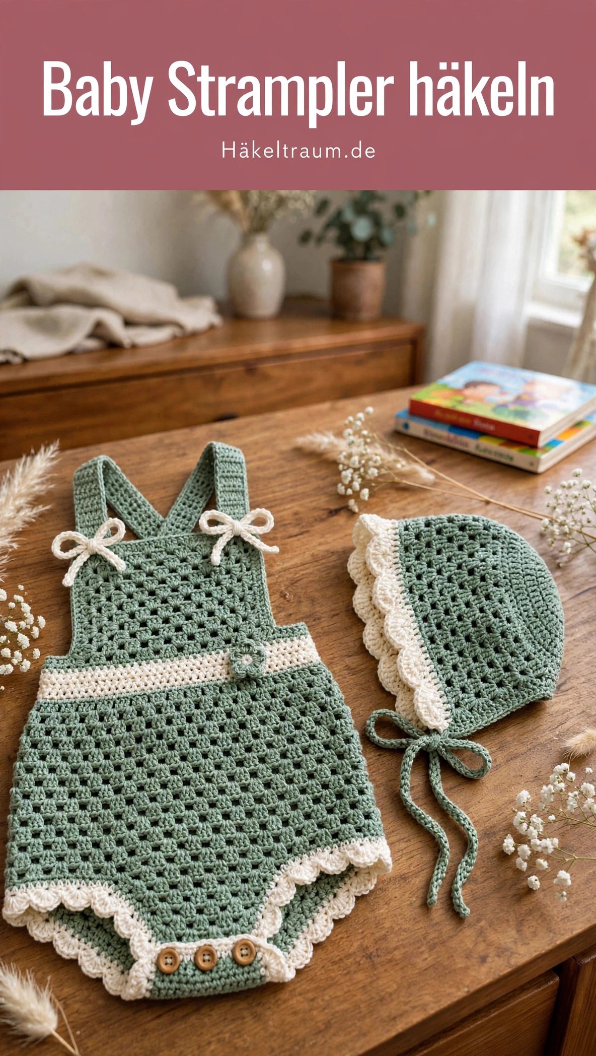 Salbeigrüner Babystrampler und Haubenset auf einer Kommode