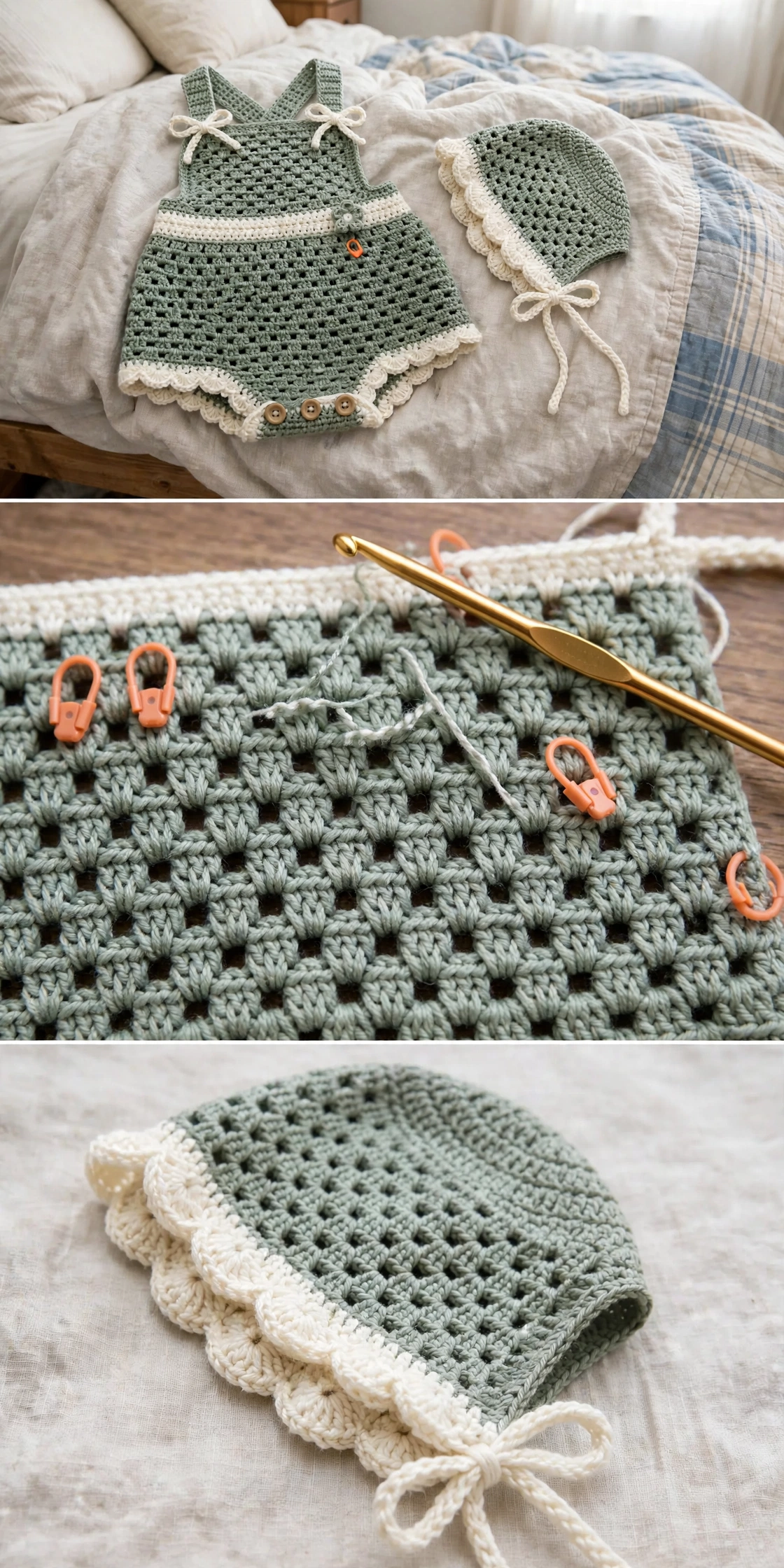 In Arbeit: Set auf einem Bett, Granny-Grid-Stich-Detail und Hauben-Close-up