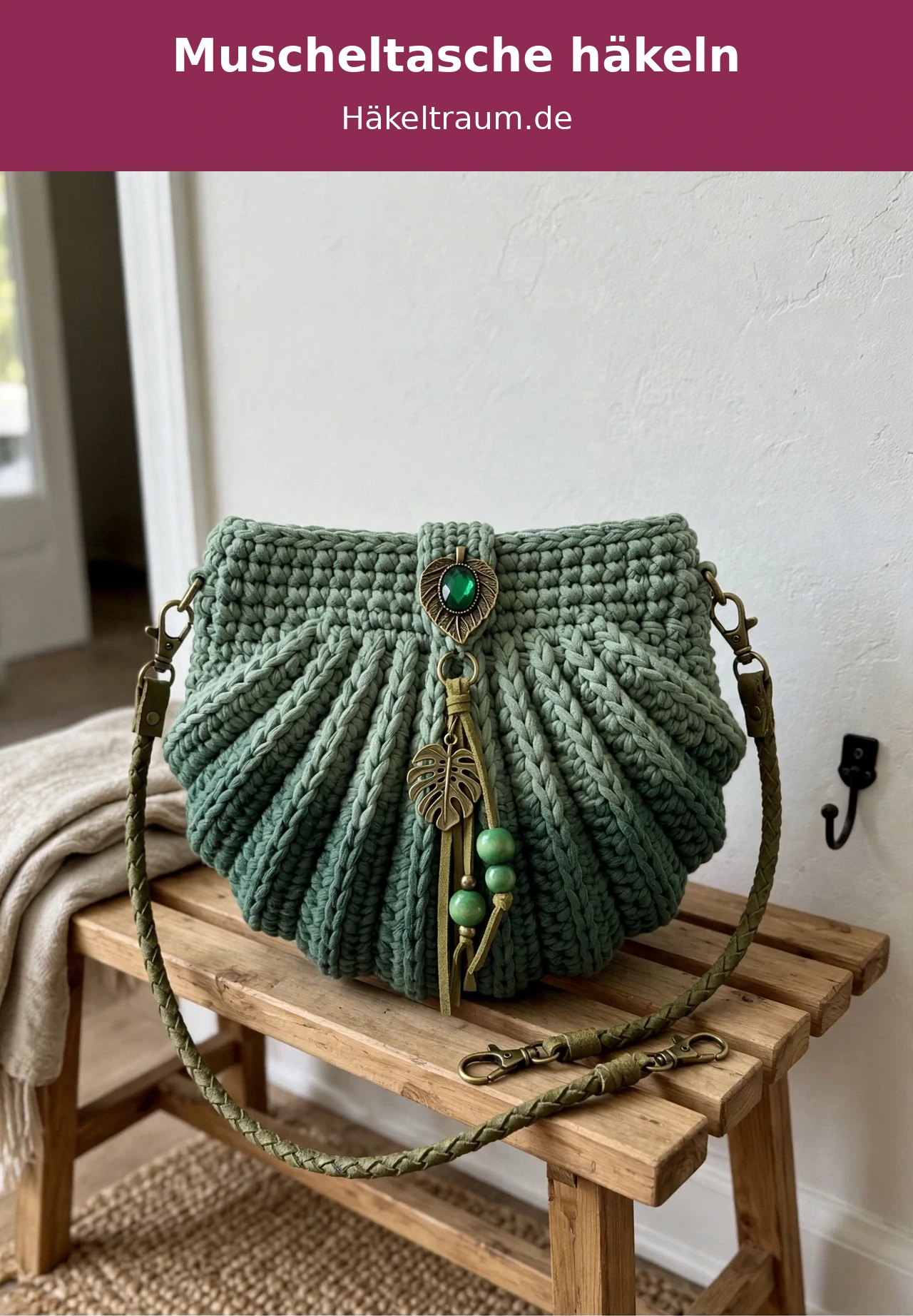 Salbei grüne gehäkelte Muscheltasche mit Blattverschluss und Charmanhänger