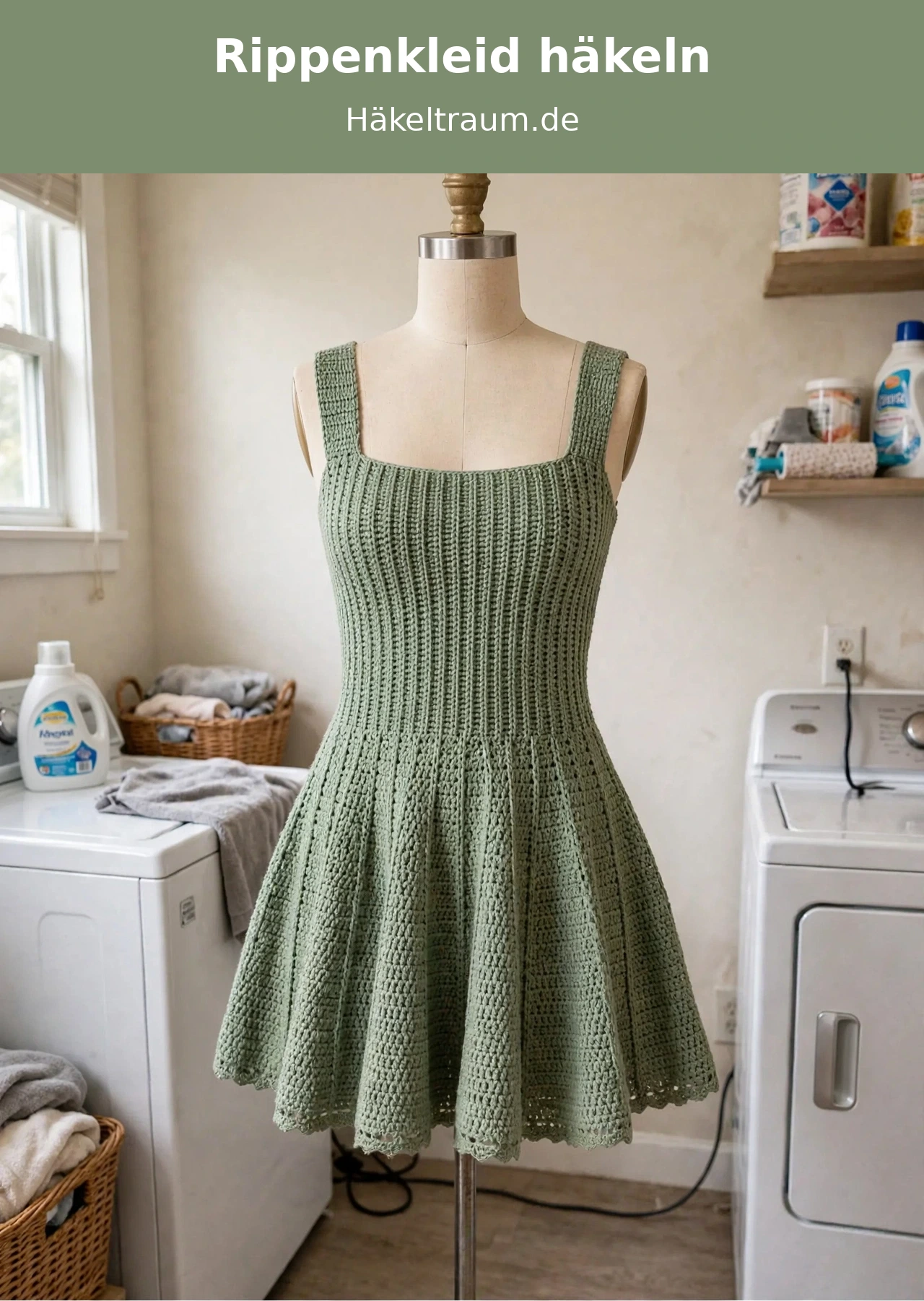 Salbei grünes geripptes ausgestelltes Häkelkleid auf Schneiderpuppe