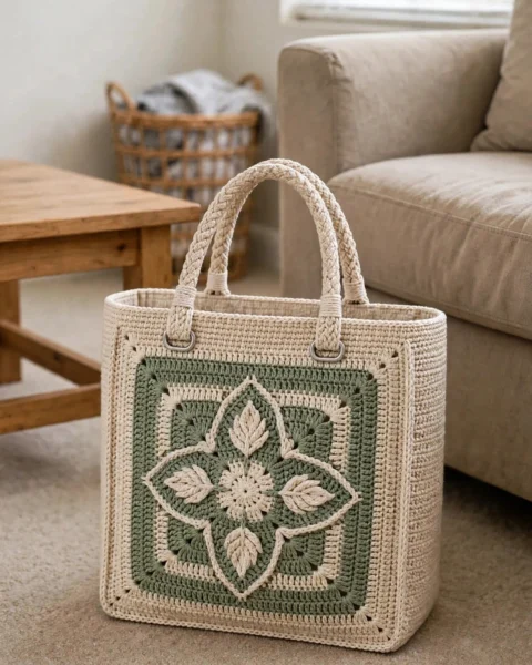 Salbeigrüne botanische Granny-Tote häkeln – gratis Anleitung