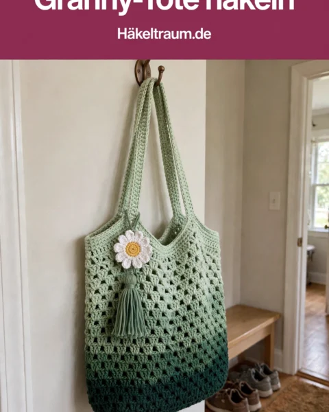 Salbeigrüne Granny-Tote häkeln: Tasche mit Gänseblümchen
