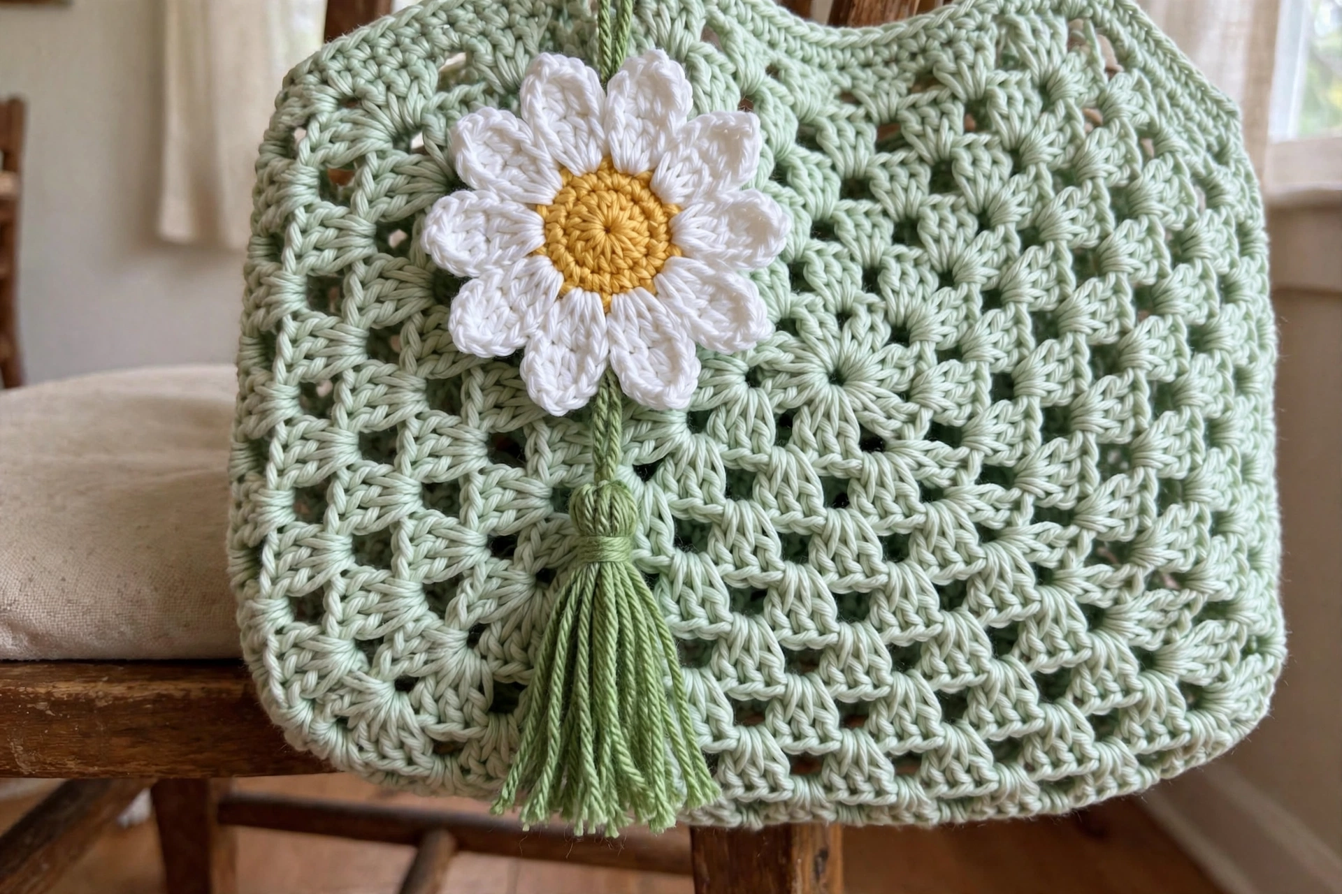 Detail der salbeigrünen Granny-Tote