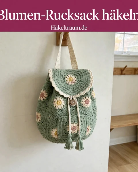 Salbeigrüner Blumen-Rucksack im Granny-Stil – Kostenlose Häkelanleitung