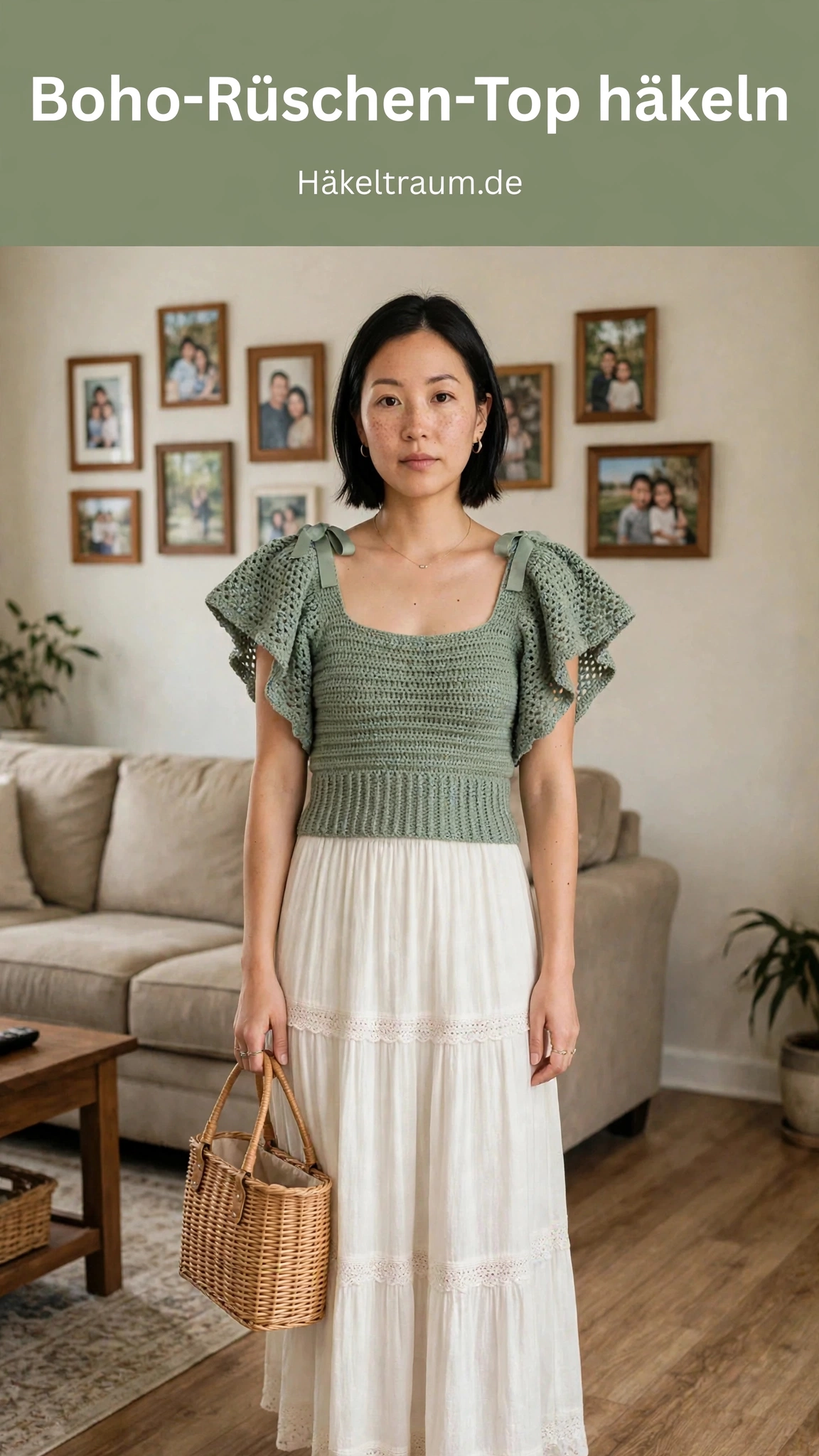 Salbeigrünes Boho-Rüschen-Top