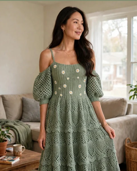 Salbeigrünes Boho-Spitzenkleid häkeln – kostenlose Anleitung